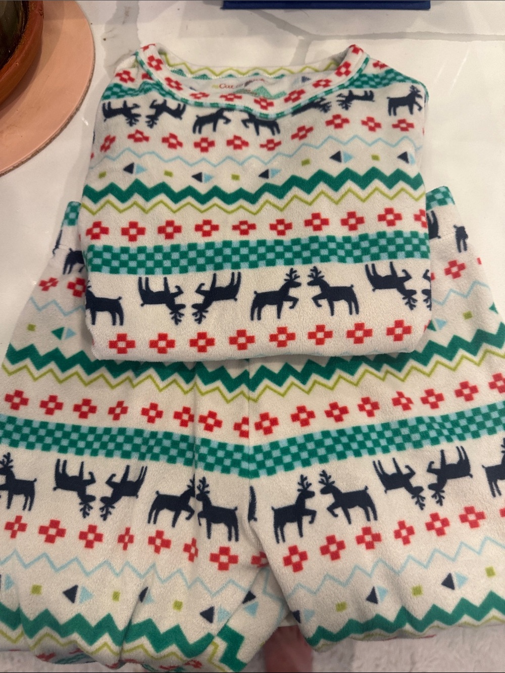Cat & Jack White Fair Isle Reindeer Pajama Set with Navy, Green & Red